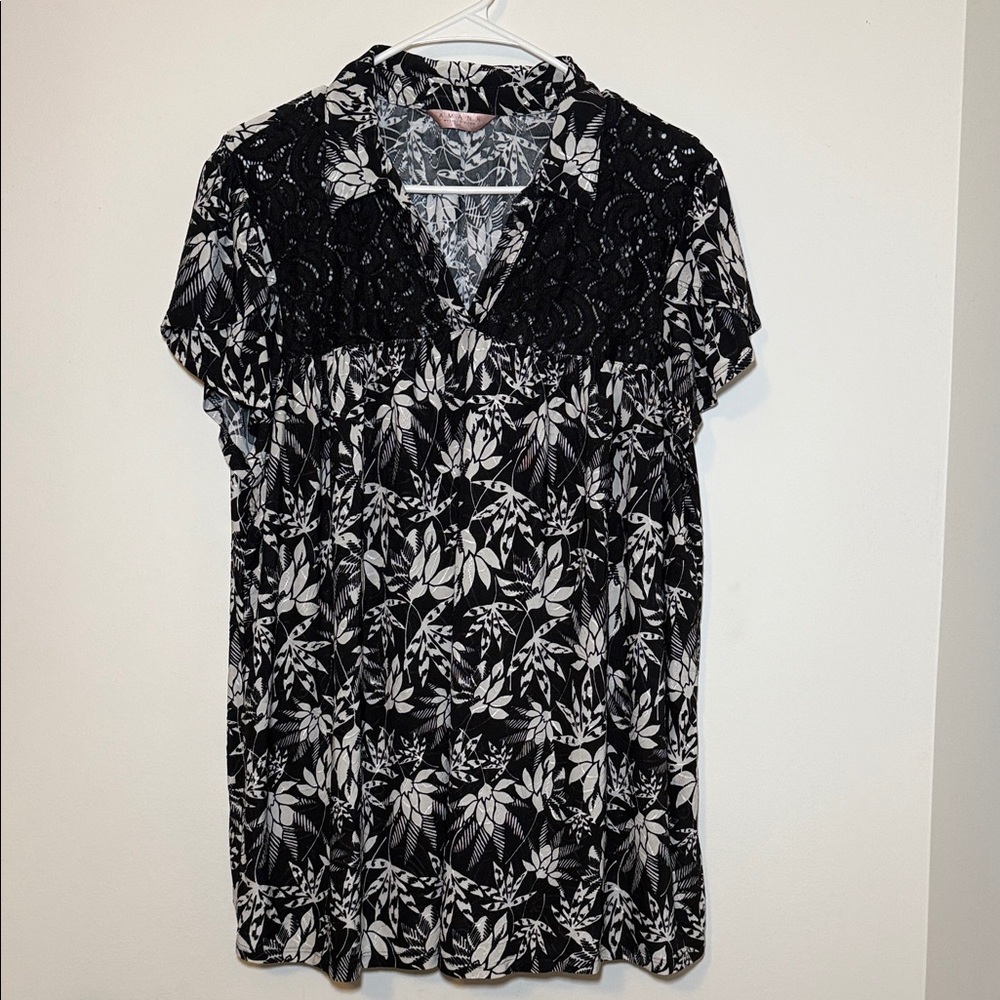Amana Black & White Floral Lace Blouse Women’s Plus Size 2X‎